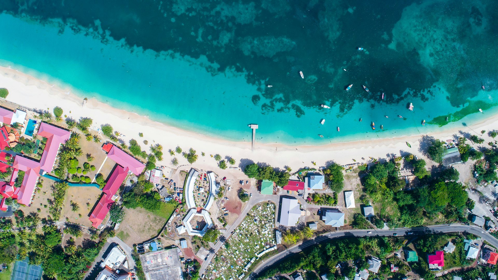Aerial view of Grand Anse Beach, Grenada, with boats moored offshore