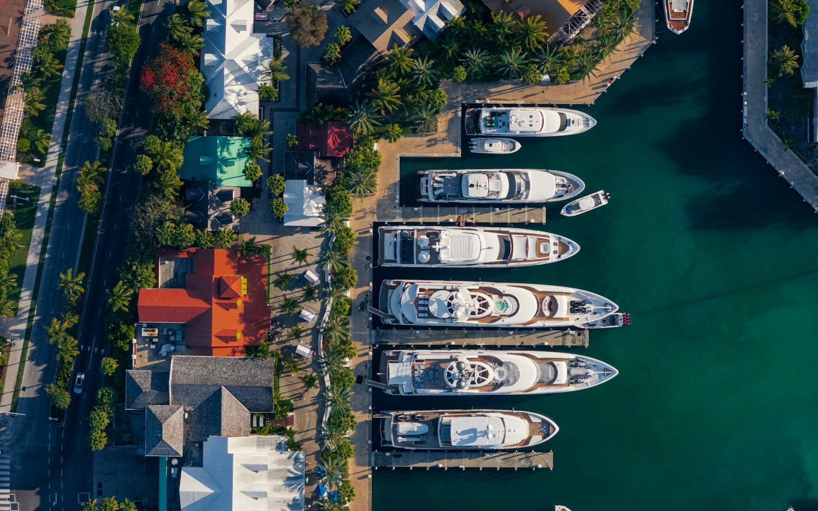 Aerial view of yachts docked at a marina on Paradise Island, Nassau, the Bahamas