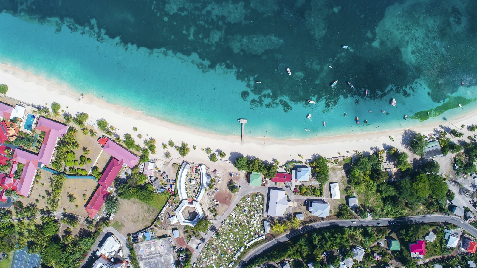 Aerial view of Grand Anse Beach and its beachfront hotels, Grenada