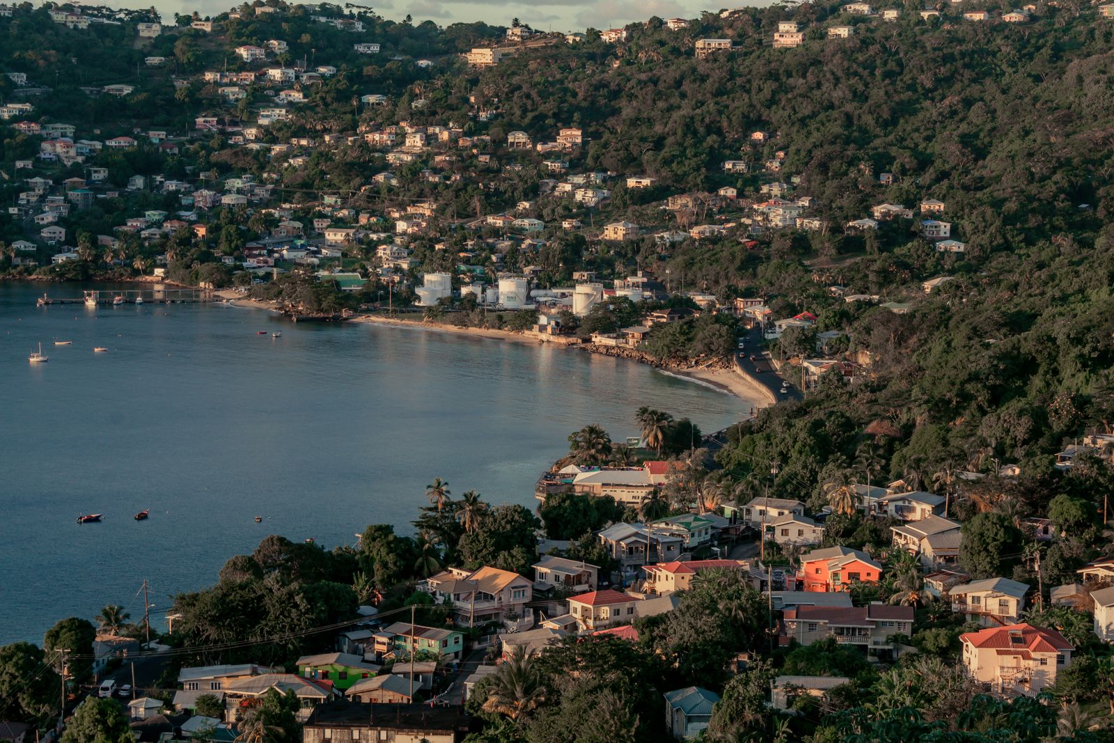 Aerial view of waterfront homes around a bay in Grenada