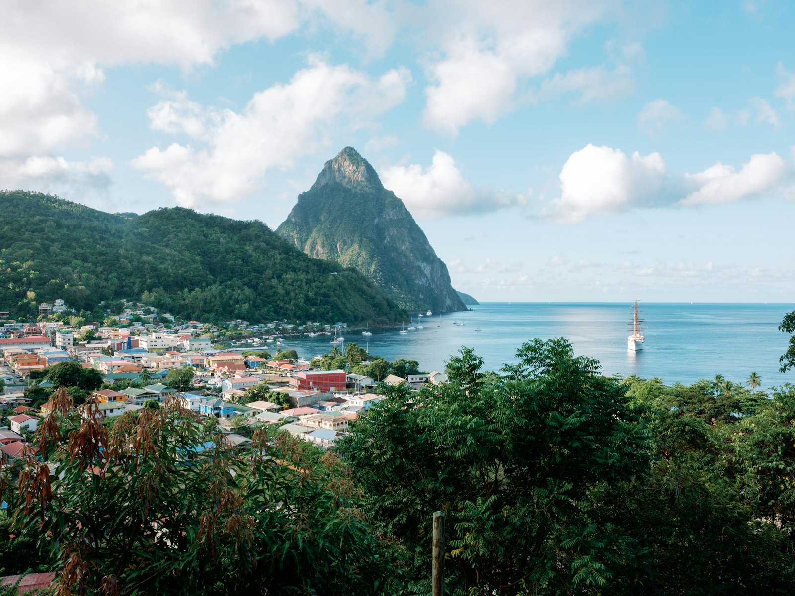 Petit Piton rising above the town of Soufriere, Saint Lucia