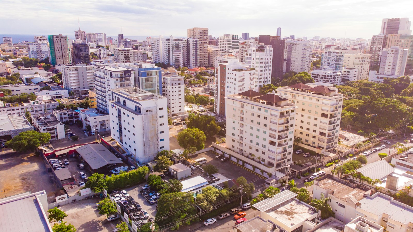 Residential street with apartment buildings in Santo Domingo, Dominican Republic