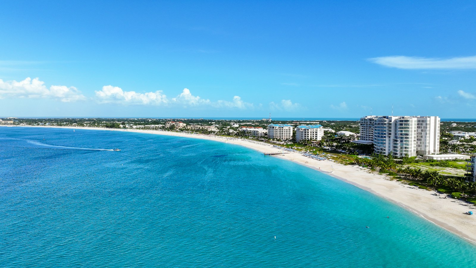 Beachfront condominiums along a white-sand beach, Turks and Caicos