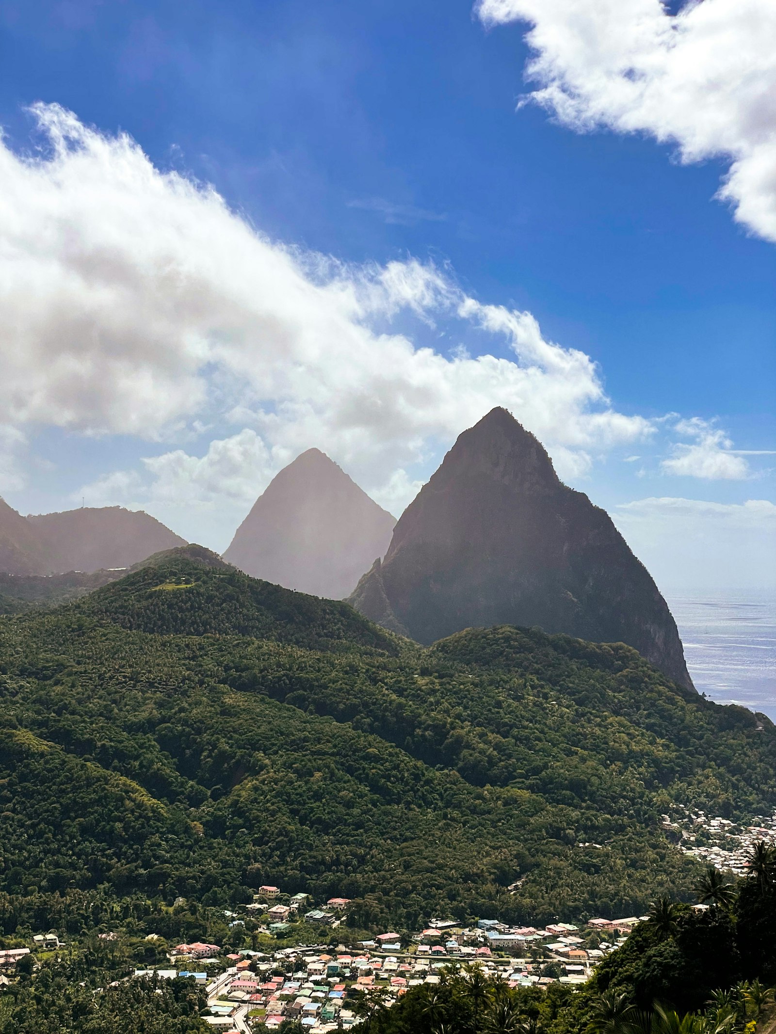 The Pitons seen from the green hills near Soufriere, Saint Lucia