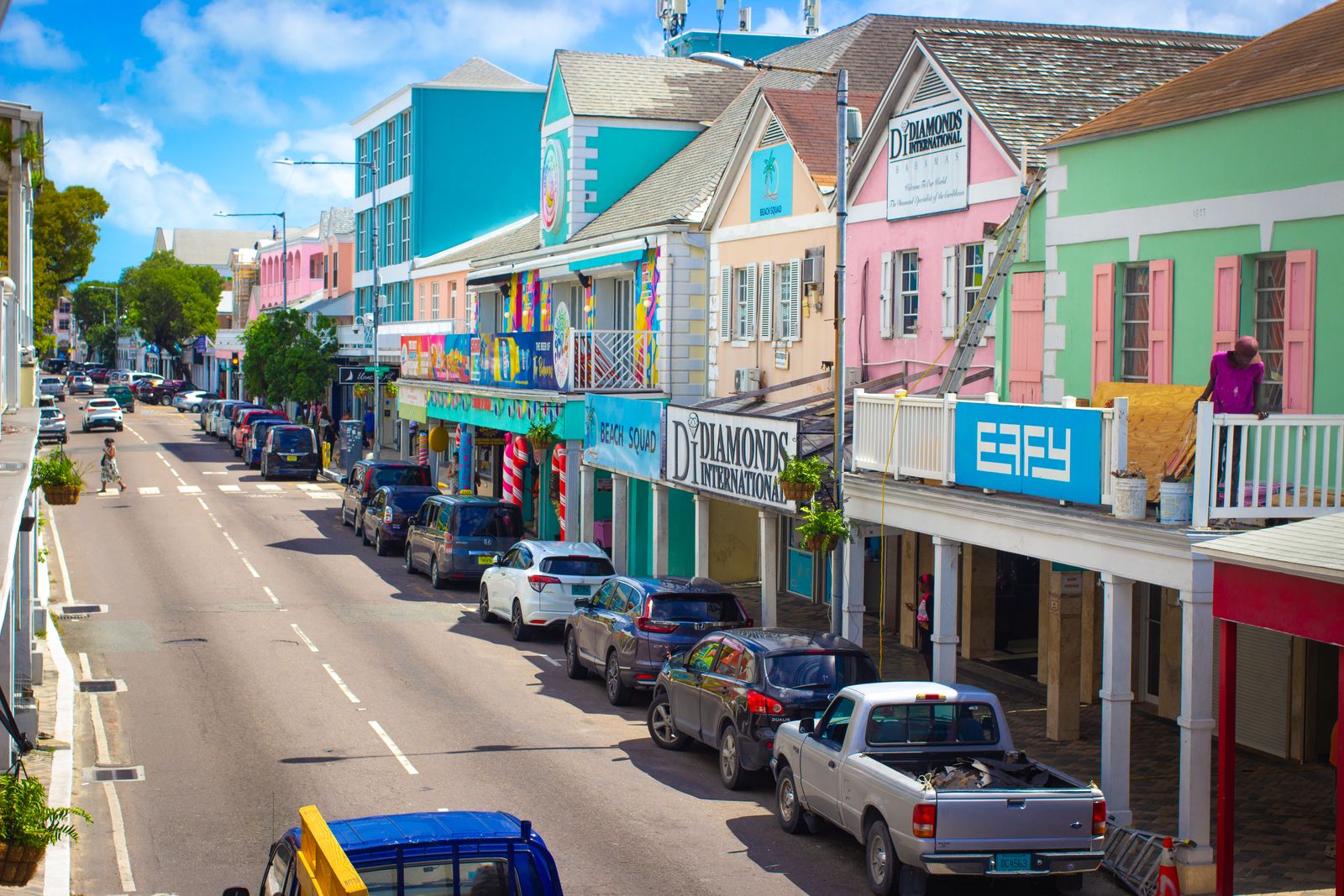 Colourful shops on a sunny street in Nassau, the Bahamas
