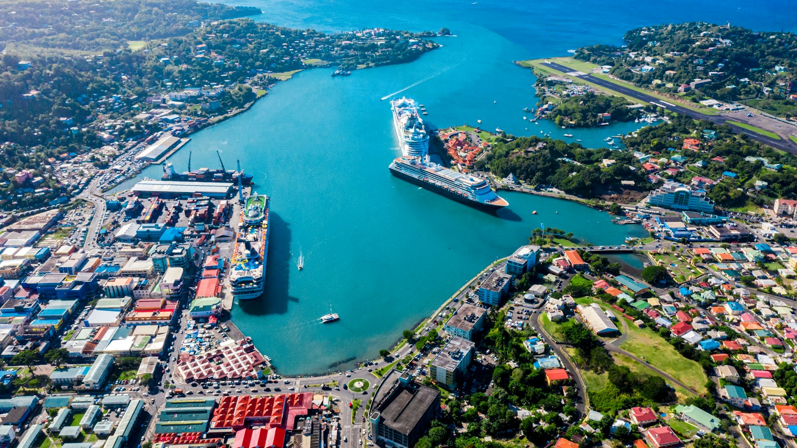 Aerial view of Castries, the capital of Saint Lucia, and its harbour