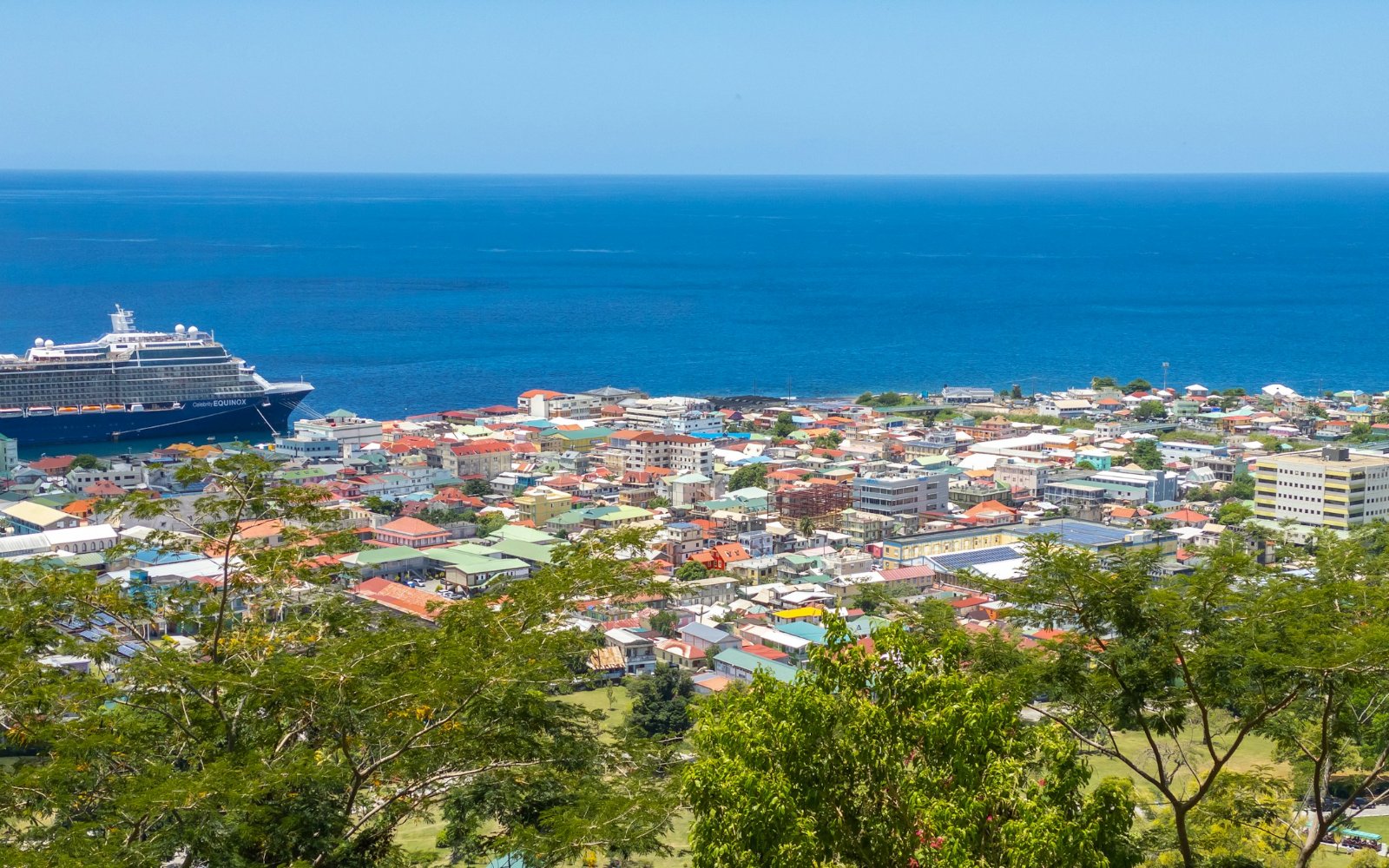 Waterfront and town of Roseau, Dominica, with a cruise ship in port